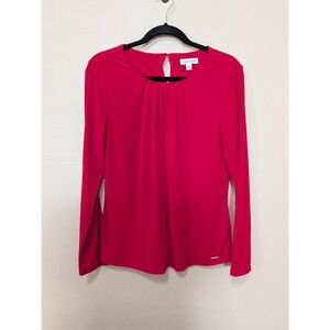Calvin Klein Women's Red Keyhole Neck Pleated Long Sleeve Top Size M Office Chic